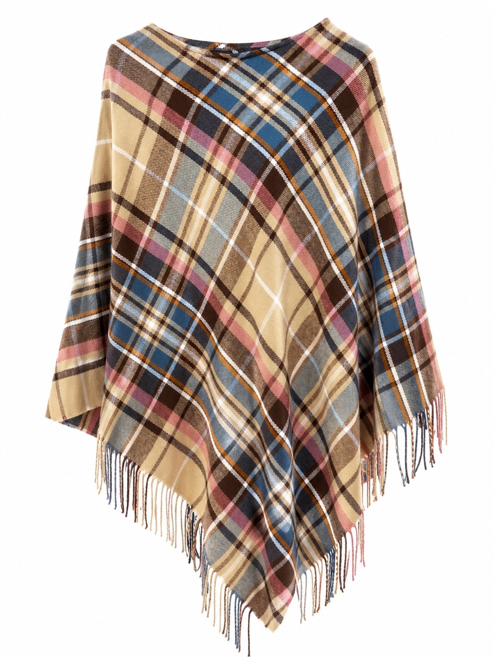 COCO + CARMEN Plaid Fringe Poncho O/S NWT 100% Acrylic